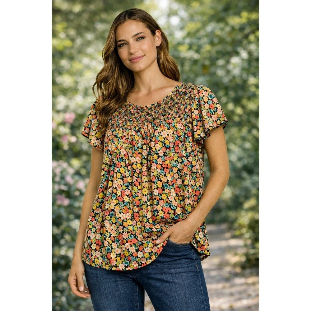 Ninety Blouse Women Medium Multicolor‎ Floral Smocked Flutter Sleeve Top